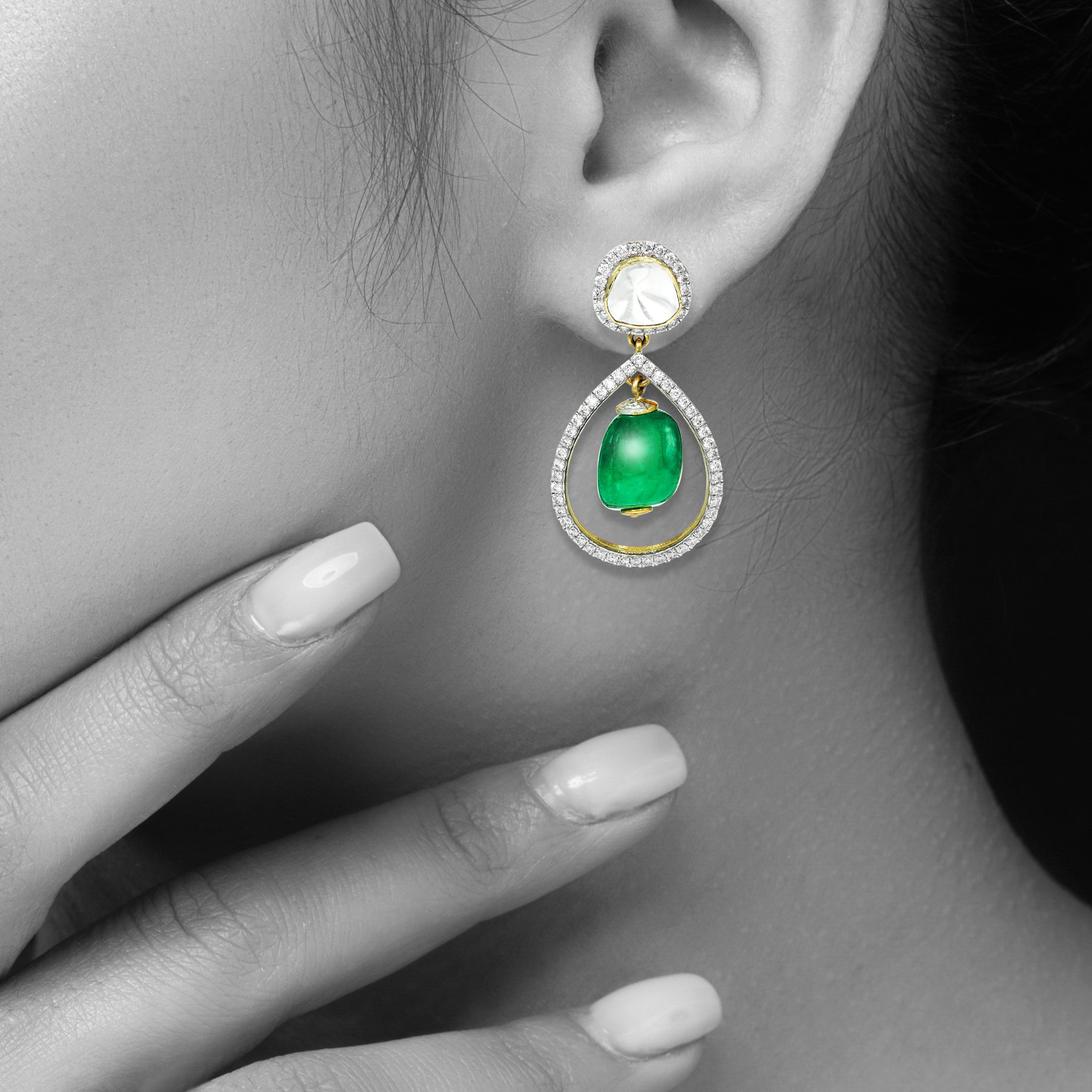 Polki Teardrop Earrings with Emerald Center and Diamond Halo